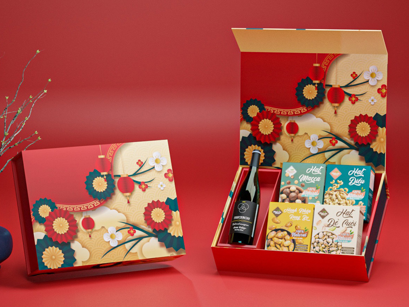 Hộp quà tết hoạ tiết được thiết kế chi tiết